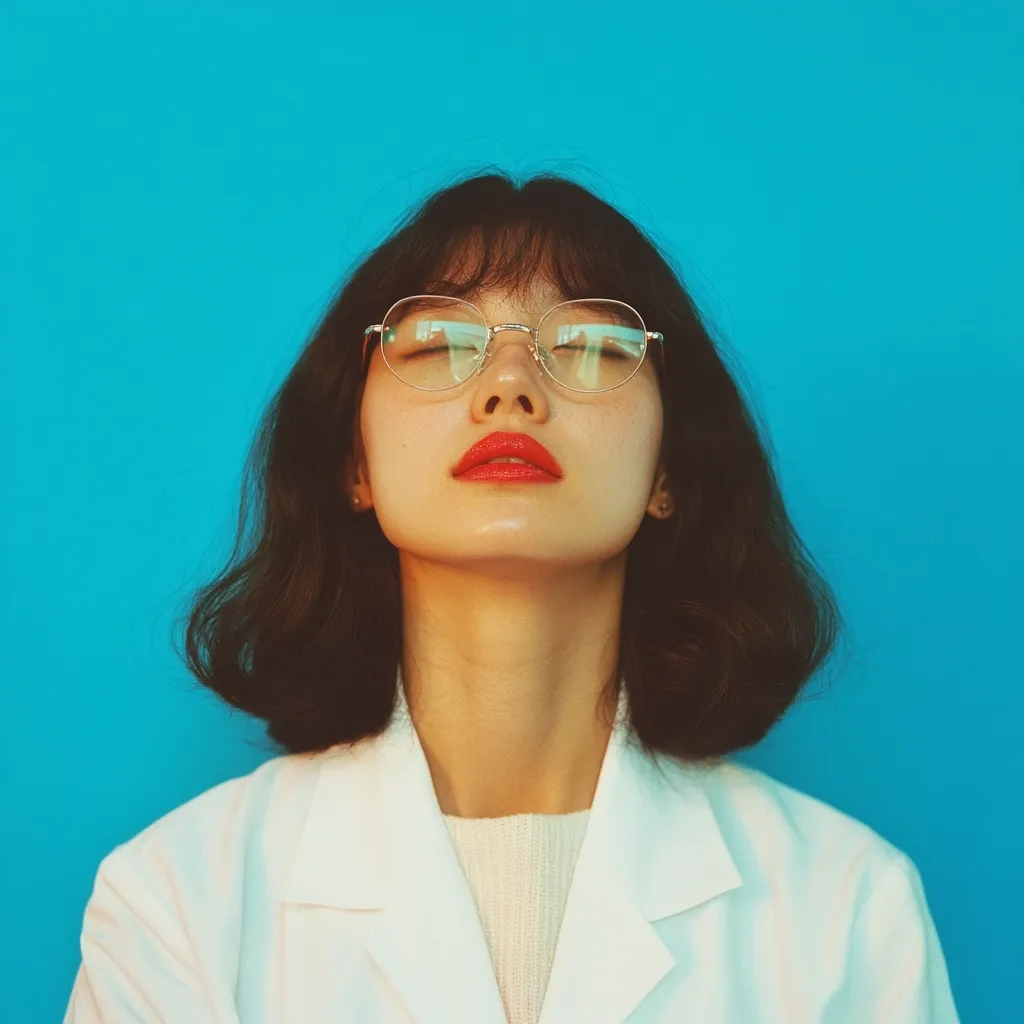 A young woman with short dark hair and wearing round glasses and a white lab coat stares straight ahead with her eyes closed. Her lips are painted a bright red. The background is a solid blue.