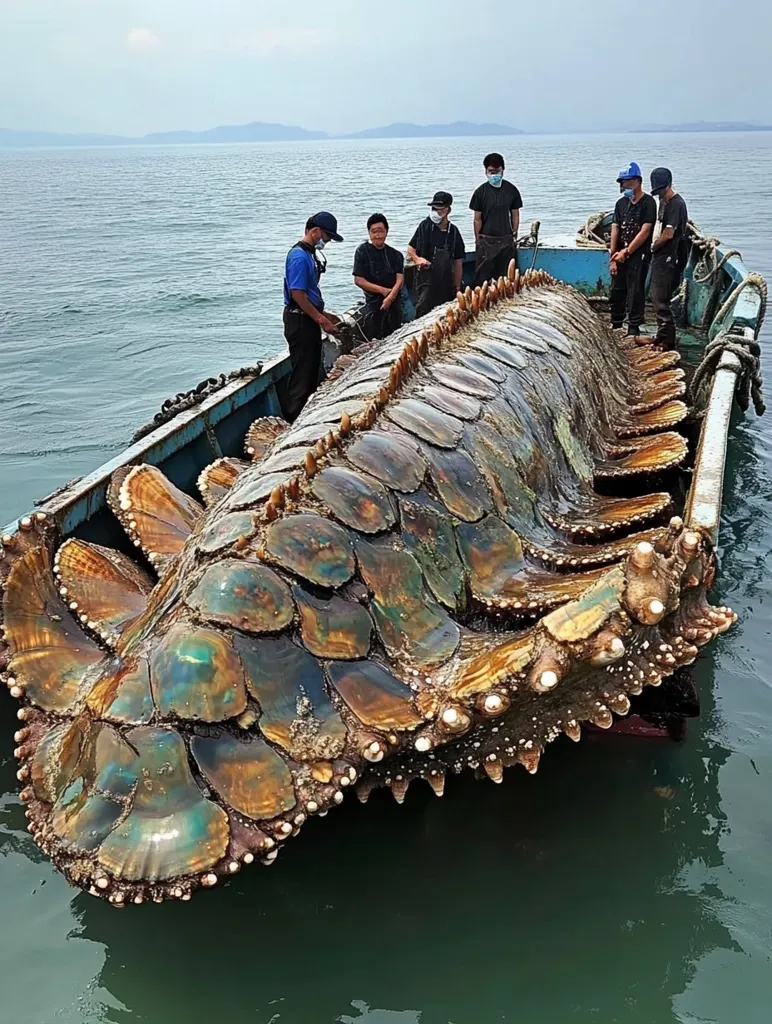 A large, scaly creature, resembling a giant sea monster, is being pulled into a boat by several men wearing face masks. The creature appears to be made of numerous overlapping shells, some with iridescent hues. Its size dwarfs the men and the boat, filling the frame and showcasing its massive scale. The surrounding water is calm and the sky is clear, creating a stark contrast with the monstrous find.