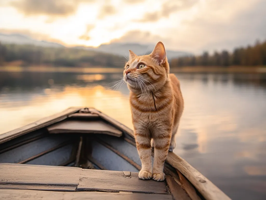 A ginger cat stands in the bow of a wooden boat, gazing out at a still lake in the golden light of the setting sun. The cat's fur is a rich orange, and its eyes are wide and alert, reflecting the soft glow of the sunset. The boat is weathered and worn, but it provides a safe haven for the cat as it watches the world around it. The calm lake water reflects the colors of the sky, creating a serene and peaceful scene.