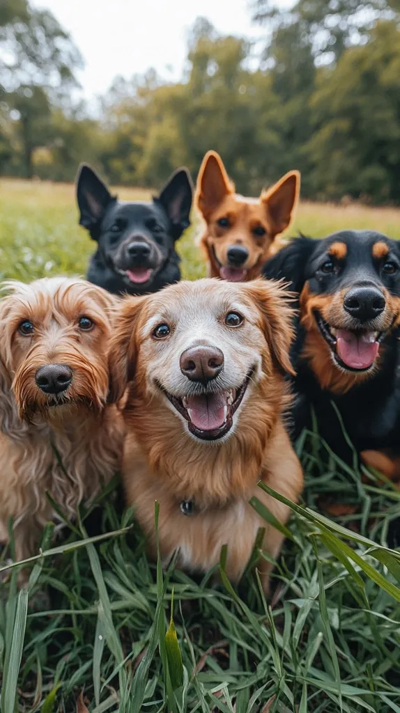 Four dogs are huddled together in a patch of green grass. The dogs are all different breeds and sizes, but they are all looking at the camera.  The dog in the middle is a golden retriever with a big smile and a brown coat. The dog to the left is a brown and white mixed breed with brown eyes and the dog to the right is a black and brown mixed breed with brown eyes.  The dog behind is a black dog with white markings and a pointed nose.  They all look happy to be together.