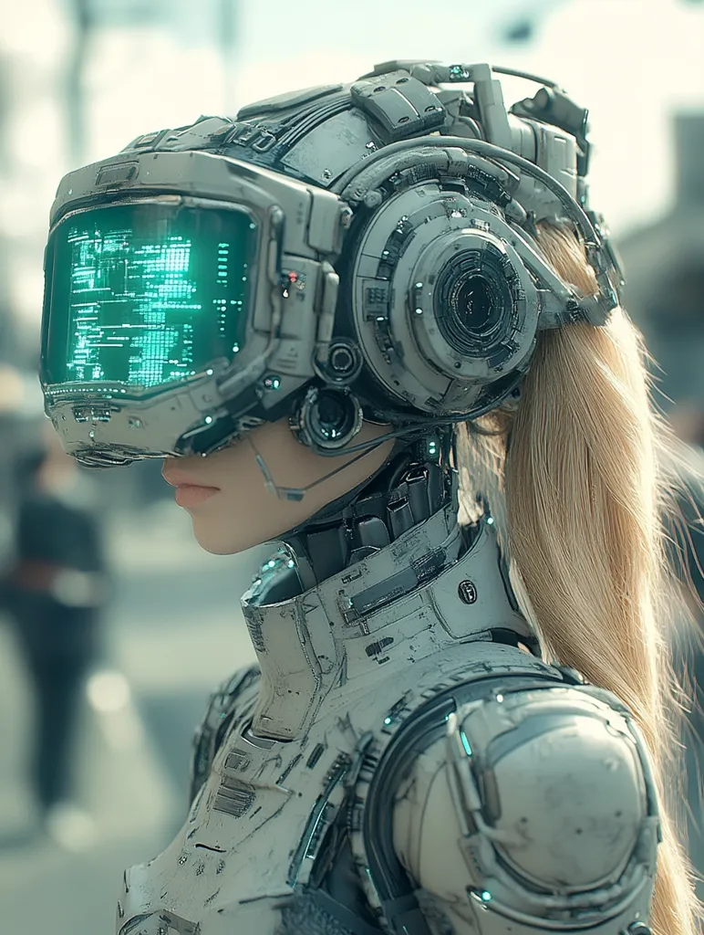 A woman with long blonde hair wears a futuristic helmet with a large visor displaying green digital data. The helmet is connected to her white, heavily armored suit, giving her a cyborg aesthetic. The image has a blurry background, suggesting an urban environment. The focus is on the woman's face and the helmet. The overall tone is one of mystery and technological advancement.