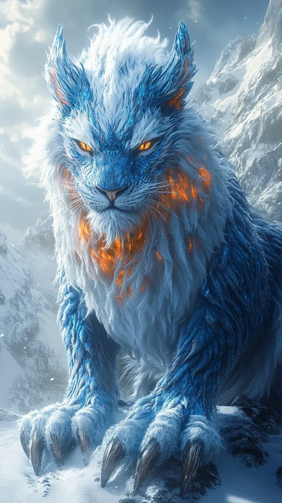 A large, blue and white creature with a lion-like face and a mane of flames sits in a snowy mountain landscape. The creature has sharp claws, an intense gaze, and an ethereal appearance, suggesting it is a mythical beast.  The backdrop of the image is a frosty mountain range, further emphasizing the creature’s power and presence.  The image is a blend of fantasy and realism, capturing the beauty and majesty of a mythical creature.