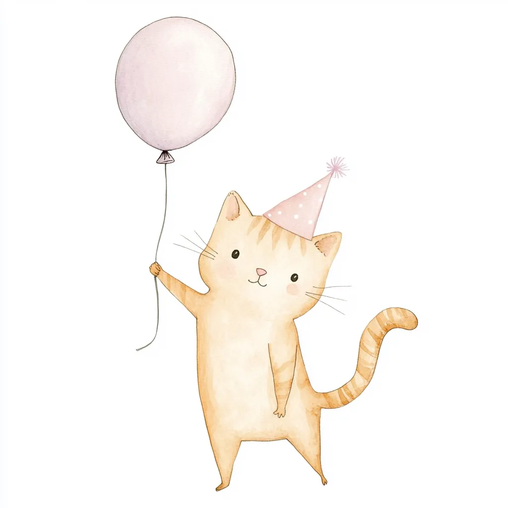 A cute cartoon cat wearing a pink party hat holds a pink balloon with its paw.  It's smiling and has a happy expression. The cat is a light brown color with orange stripes on its tail.  The background is white.  This illustration is drawn with a watercolor style.