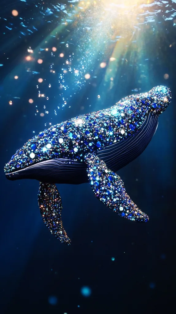 A whale, its body covered in iridescent blue and silver glitter, swims through a dark blue ocean. The sun shines through the water above, casting rays of light down.  A few bubbles rise from the depths.  The whale is a beautiful and magical creature, and its glitter makes it look like it's from another world.