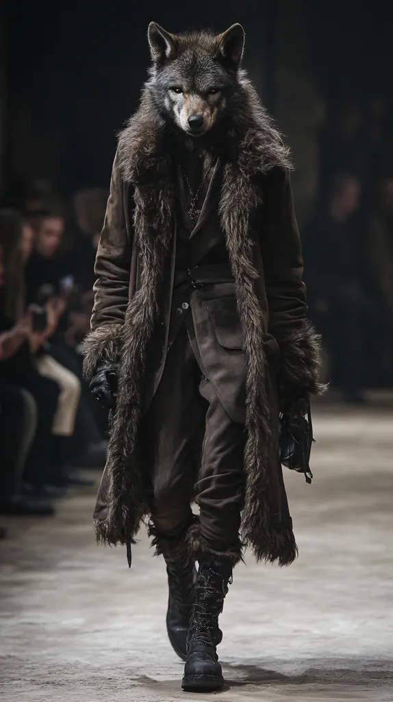 A person is walking in a dark, industrial setting, wearing a long, dark fur coat, black pants, and boots. The person's head is obscured by a wolf's head, with fur and a black nose. The image creates a mysterious and slightly unsettling mood.