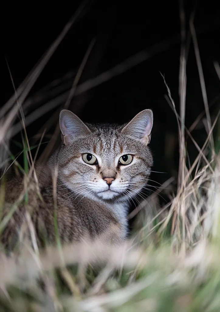 A gray tabby cat with green eyes sits in a bed of tall grass. The cat looks directly at the camera with an intense expression. It is difficult to see the cat's body, as it is obscured by the tall grass. The background is dark, making the cat's eyes stand out even more.  The image evokes a sense of mystery and intrigue.