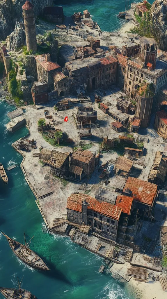 An aerial view of a coastal town with a small harbor. The town is built on a rocky peninsula with a tall tower overlooking the water. There are many buildings of various sizes and styles, some with red-tiled roofs. The harbor is filled with boats and ships, and the water is a bright turquoise blue. The town is surrounded by green hills and trees. The town is built with a lot of wooden planks and other materials. The image has a warm color scheme, with brown, tan, and green hues.  A small red flag flies atop a pole in the center of the image.