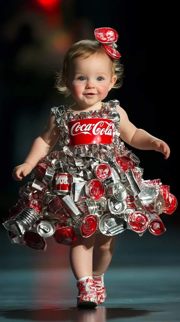 A young girl with a red Coca-Cola can bow in her hair is wearing a dress made of aluminum cans. The dress is a bright red and silver, with the Coca-Cola logo on the front. The girl is walking down a runway, looking confident and happy. She is wearing red and white shoes to match her outfit. This creative and eco-friendly fashion statement is a striking example of upcycling.