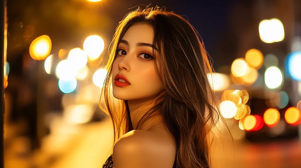 A young woman with long brown hair and bright eyes stands in front of a blurred background of warm city lights.  Her lips are painted a vibrant red, and she is looking directly at the camera with a confident expression.  The overall atmosphere is one of urban glamour and sophistication.