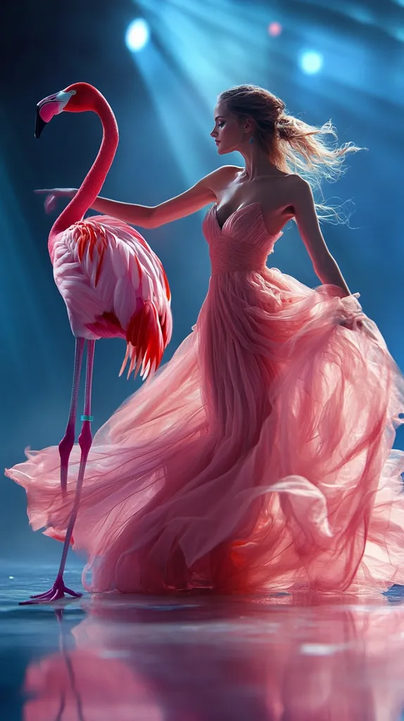 A woman in a pink gown stands with a pink flamingo, both posing gracefully in a studio with a blue background. The woman's hair flows behind her as she reaches out to touch the flamingo, and the dress's fabric billows around her. The flamingo stands on one leg, its head tilted to the side.  The image has a dreamy and ethereal quality.