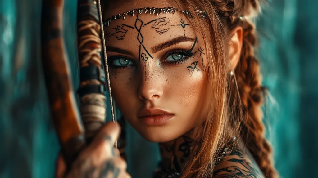 A woman with long red hair and intricate facial tattoos stares intensely at the camera. She is holding a bow and arrow, and her expression is fierce and determined. The background is a blurry turquoise blue, suggesting a natural setting. The overall image is one of strength and power.