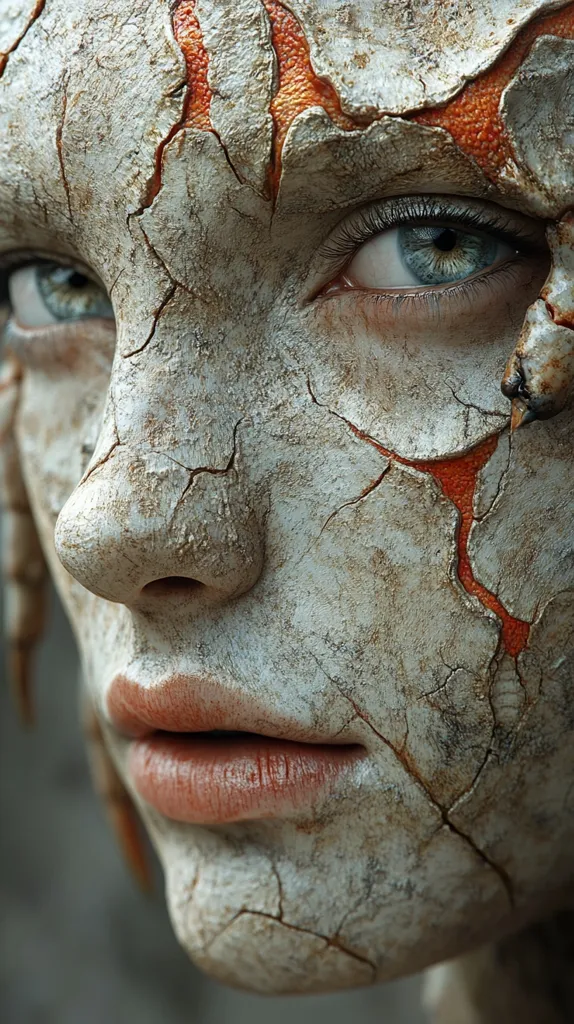 A close-up of a woman's face, heavily textured with cracks and fissures. The skin appears to be breaking apart, creating a disturbing, yet captivating image. Her eye is wide and bright, contrasting with the rough and decaying surface. The texture and detail are incredibly realistic, creating a sense of unease and fascination.  Her lips are painted a soft pink, adding a touch of humanity to the overall disturbing aesthetic.