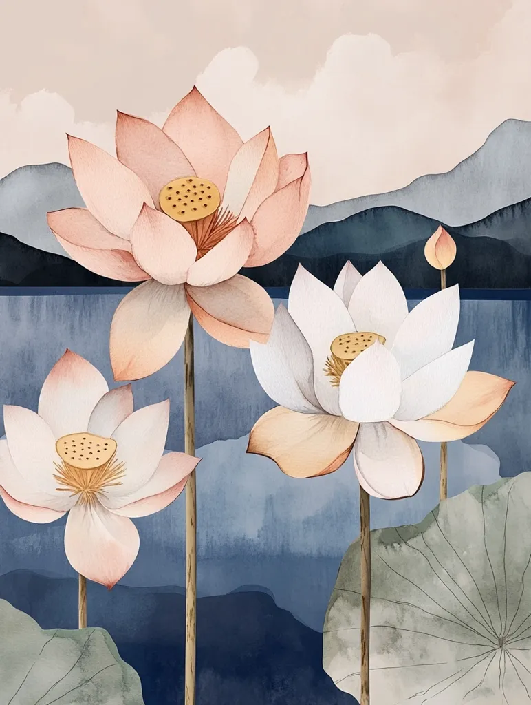 The image depicts three pink and white lotus flowers in a watercolor style. They are set against a backdrop of a blue lake, grey mountains, and a soft pink sky. The flowers have large, delicate petals, and their stems are long and slender. The overall mood of the image is calm and serene, evoking a sense of peace and tranquility. The watercolor technique adds a soft, dreamy feel to the artwork.