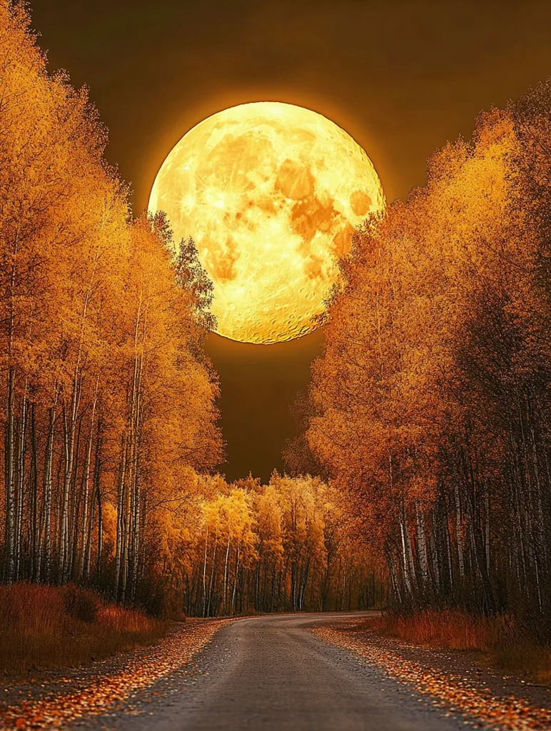 A winding dirt road leads through an autumnal forest, bathed in the golden glow of a large, full moon.  The trees, with their vibrant orange and yellow foliage, stand tall on either side of the path, framing the celestial spectacle above.  A sense of tranquility and mystery fills the scene, inviting the viewer to explore the hidden depths of this enchanting woodland.