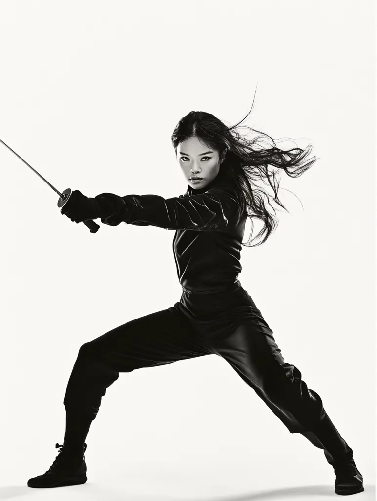 A young woman in black clothing, with long dark hair flowing behind her, holds a sword in a fighting stance. She is looking intently at the camera with a determined expression. The image is captured in black and white, creating a dramatic and powerful effect. The white background emphasizes the woman's silhouette and the sharpness of her pose.  The image evokes a sense of strength and focus.