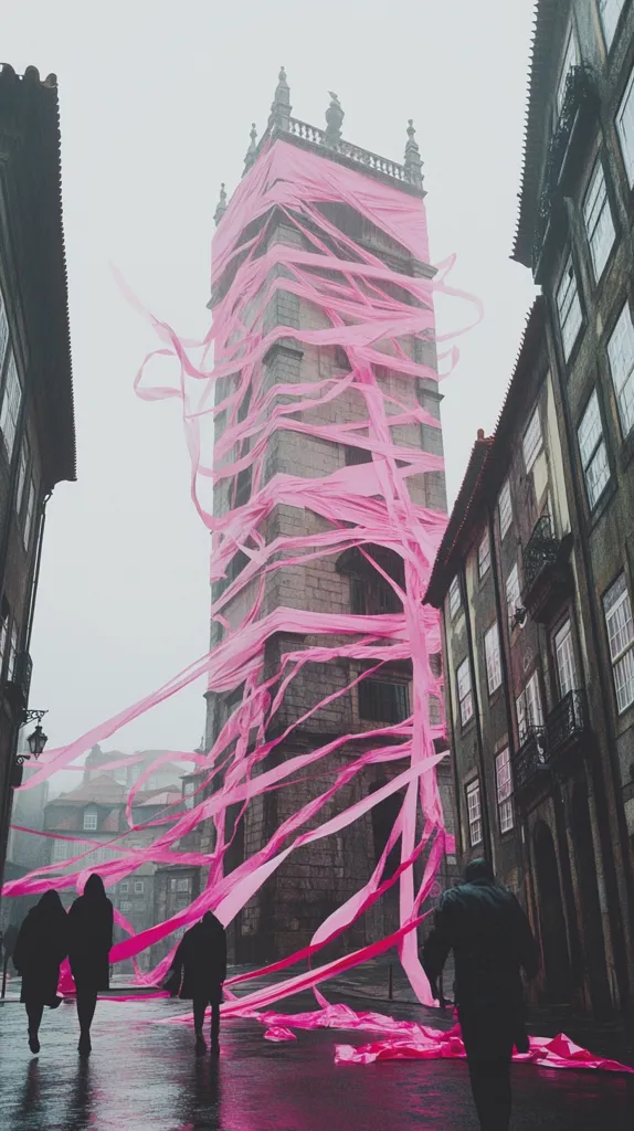 A tall stone tower is completely wrapped in pink fabric, with the ribbons trailing down the street. The street is wet and reflective, with three figures walking in the distance. The building in the background is made of stone and has many windows. The weather is overcast and the atmosphere is somber.