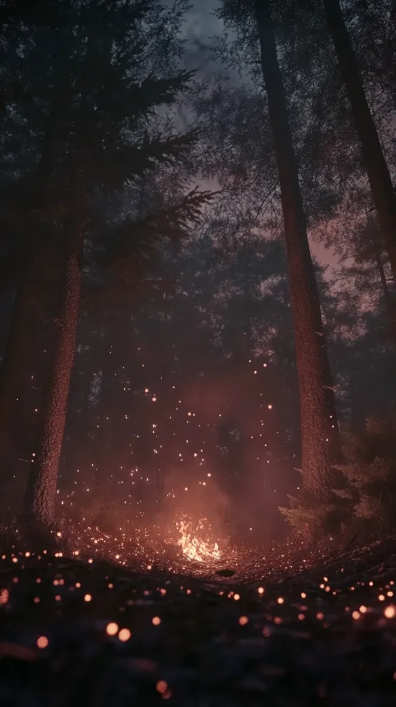 A fire burns in a dark forest, its flames casting a warm glow on the surrounding trees. The air is filled with smoke and embers, creating a magical and slightly eerie atmosphere. The trees are tall and imposing, their branches reaching up into the darkness. The fire illuminates the forest floor, revealing a carpet of leaves and fallen branches.