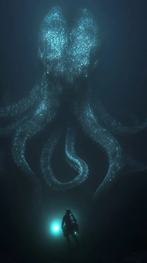 A diver with a light shines his beam upwards towards a massive, bioluminescent squid. The squid's head is the dominant feature, filling the top of the frame. It is covered in a pattern of glowing spots that are similar to stars in the night sky. The diver's silhouette is small against the massive creature. The background is a deep, dark blue, making the squid even more imposing.