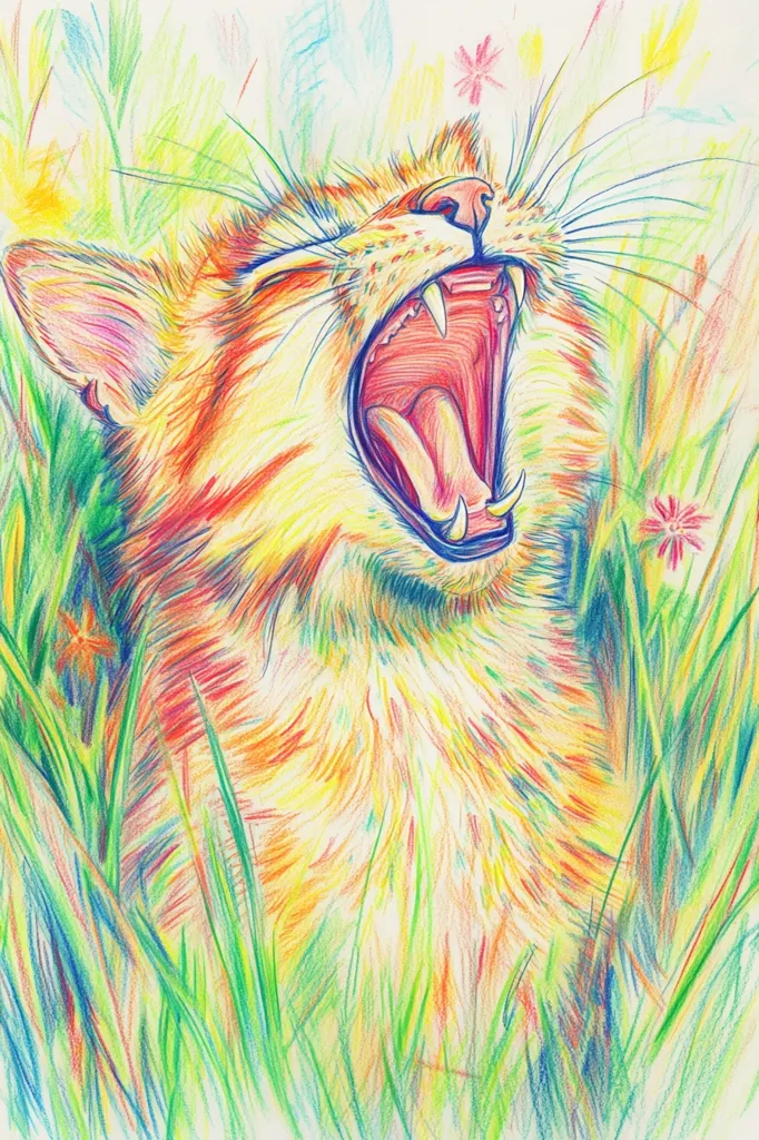 A vibrant, colorful pencil drawing of a cat with its mouth wide open in a yawn. The cat's fur is depicted in shades of orange, yellow, and red, while the background features green grass and blue flowers, creating a whimsical and playful scene. The artist's use of bold colors and detailed lines brings the cat's expression and the surrounding environment to life.