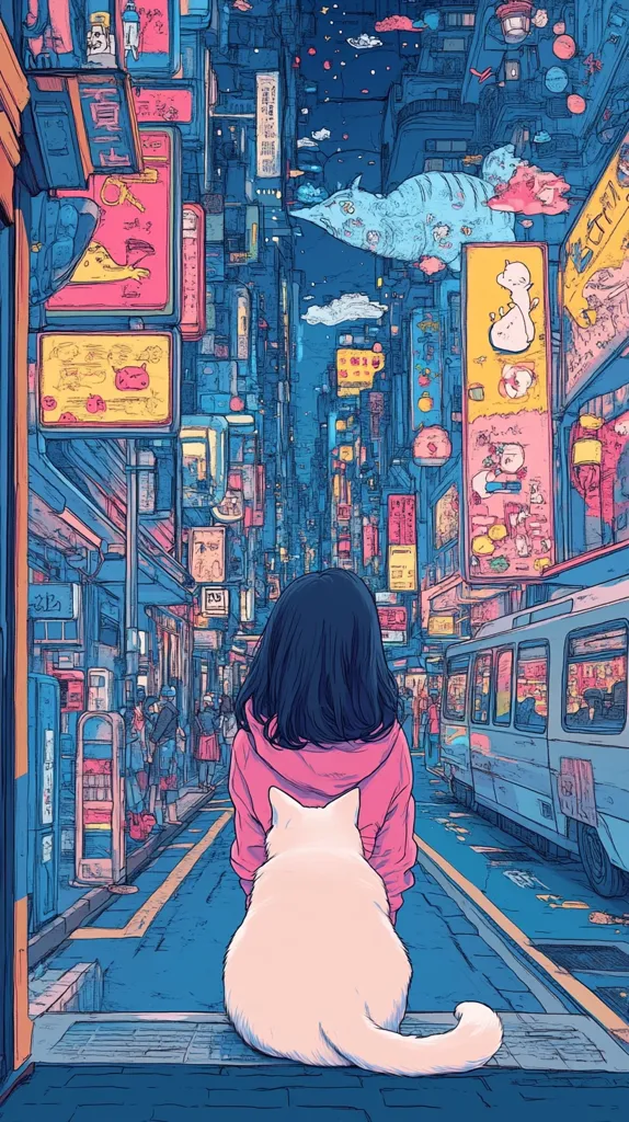 A young woman with long black hair sits on a curb in a bustling city street, a large white cat nestled beside her. The street is lined with towering buildings adorned with colorful signs and advertisements, and a bus rumbles by in the background. The scene is filled with vibrant colors and intricate details, creating a surreal and dreamlike atmosphere. The woman's expression is serene, suggesting a sense of peace amidst the urban chaos.