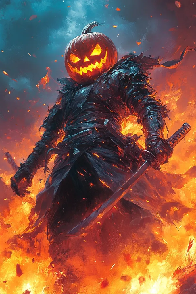 A menacing figure stands in a fiery inferno. Their head is a carved pumpkin with a sinister grin, and their body is shrouded in dark, tattered clothing. They wield a long sword, and their expression is fierce and determined. The flames rage around them, creating a backdrop of fiery chaos. The overall tone of the image is one of darkness and dread, hinting at a powerful and possibly malevolent force.