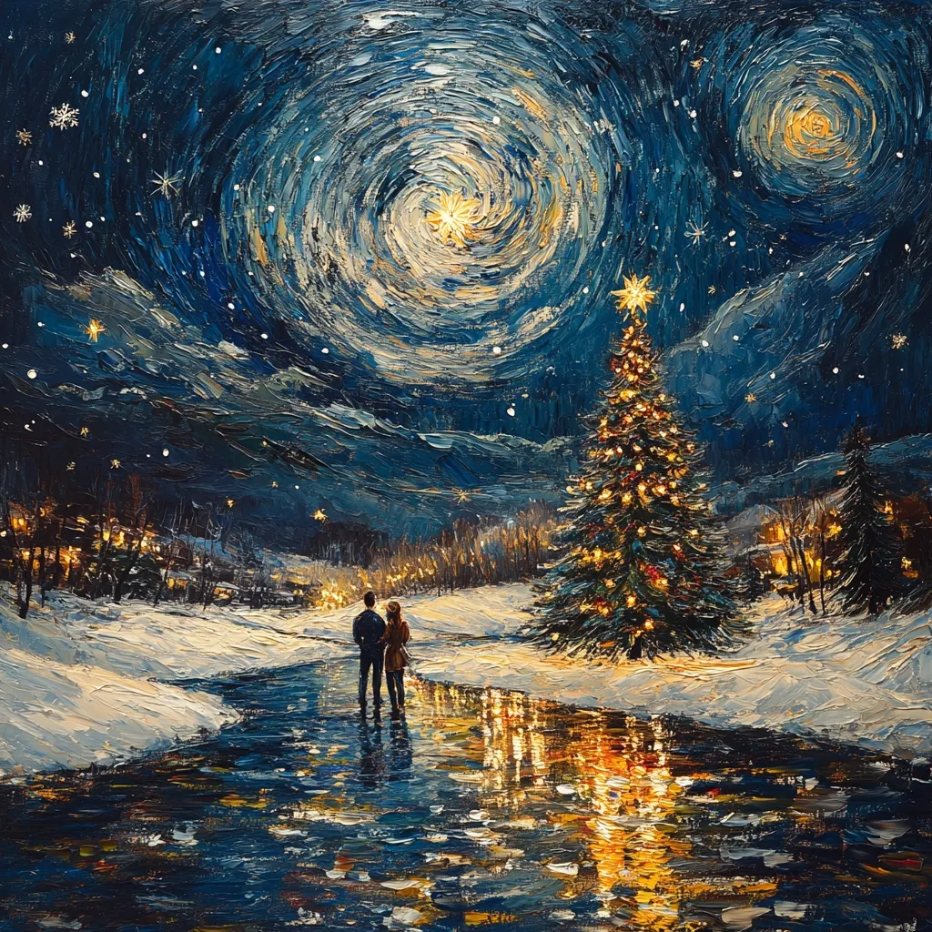 A couple stands on a frozen river, gazing at a snow-covered Christmas tree illuminated against a star-filled sky. The sky is a swirling, painterly blue with two prominent swirling stars, giving a sense of magic and wonder. The reflection of the lights creates a shimmering, golden glow on the icy surface of the river. The scene evokes a sense of peace and tranquility.