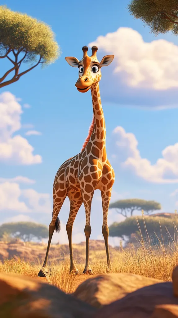 A cartoon giraffe stands in a savanna landscape with tall grass and a blue sky filled with fluffy clouds. The giraffe is looking at the camera with a friendly expression. The giraffe's long neck and legs are accentuated by the vastness of the savanna, making it appear even taller.  The vibrant colors and whimsical style create a fun and engaging scene.