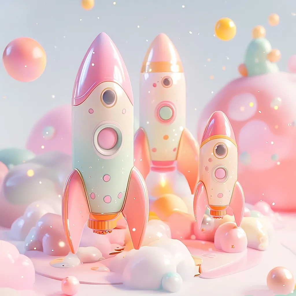 Three pastel-colored toy rockets are positioned on a fluffy, pink cloud-like surface, surrounded by scattered bubbles and floating in a dreamy, pastel-hued atmosphere. The largest rocket, adorned with pink, cream, and green hues, takes center stage, while two smaller rockets, in shades of pink and white, flank it on either side. The scene evokes a sense of whimsical adventure and childlike wonder.
