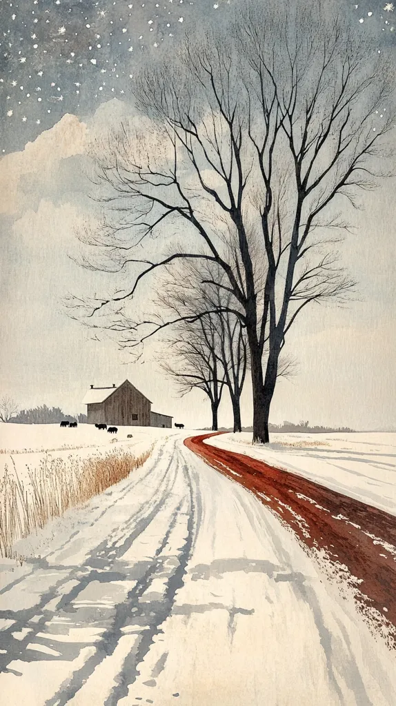 A snow-covered field with a winding road leading to a farmhouse in the distance. The road is a rusty red color and is bordered by tall grass. A large bare tree stands in the foreground, casting a long shadow on the snow. The sky is a light blue with scattered white stars. The scene evokes a sense of peace and solitude.