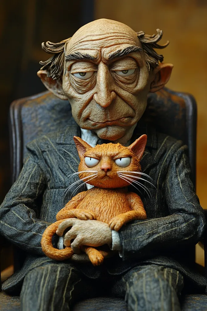 The image shows a clay sculpture of a man in a suit holding a cat in his lap. The man has a stern expression and is looking down at the cat. The cat is also looking down, with a serious expression on its face. The sculpture is very detailed, with realistic fur and wrinkles on the man's face. The man's suit is a dark grey with a pinstripe pattern. The cat is orange with white fur on its paws.  The sculpture is set against a plain background, highlighting the details of the figures.