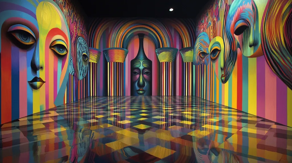 A colorful, psychedelic room with a checkerboard floor. The walls are covered in vertical stripes of various shades of blue, green, yellow, red, and purple.  Three large, abstract faces are painted on the walls, with one in the middle, larger than the others. They are all in a vibrant color palette and the faces are reminiscent of a 1970's style.