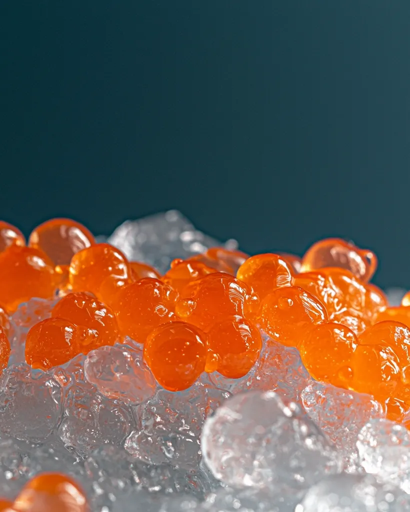 A close-up shot of red caviar resting on a bed of ice. The bright orange spheres of caviar are glistening, highlighting their delicate texture. The ice reflects the light, creating a cool and refreshing atmosphere. The contrast between the vibrant red and the clear ice is visually striking.