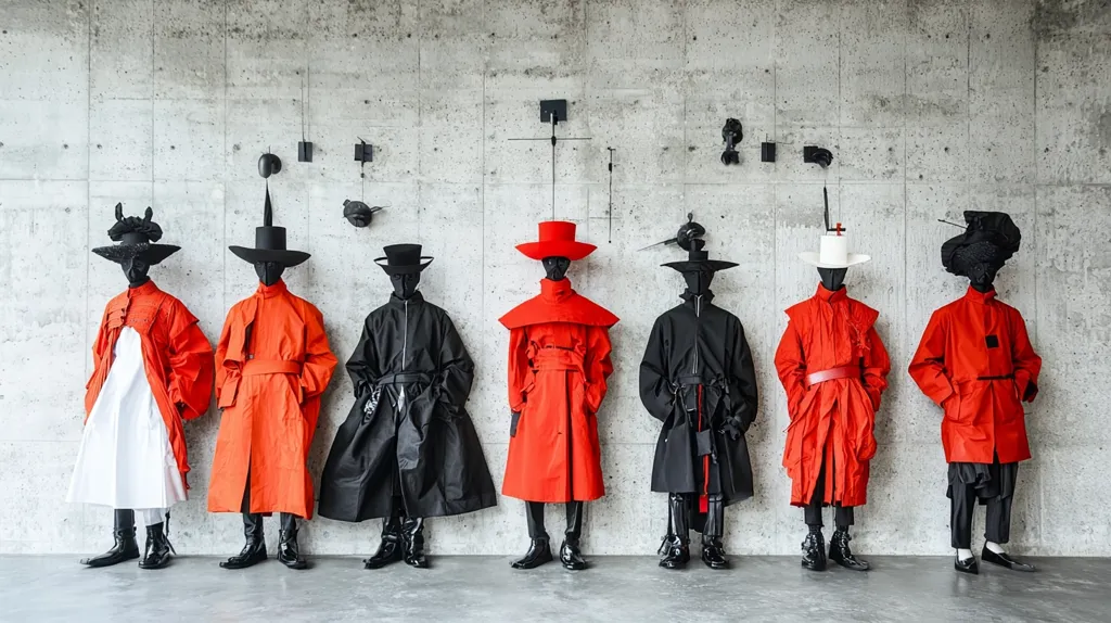 Seven mannequins stand in a row against a gray concrete wall. They are all wearing red or black coats and hats. The mannequins are all facing forward, and their faces are not visible. There are several black abstract shapes hanging on the wall behind them. The image has a minimalist and modern feel.