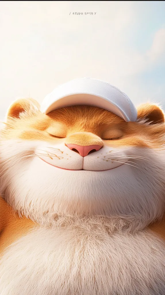 A close-up shot of a cartoon cat's face, with eyes closed and a smile. The cat is wearing a white cap. The fur is soft and fluffy, with a pink nose and whiskers. The background is a blurry white.  The cat appears to be relaxed and happy.