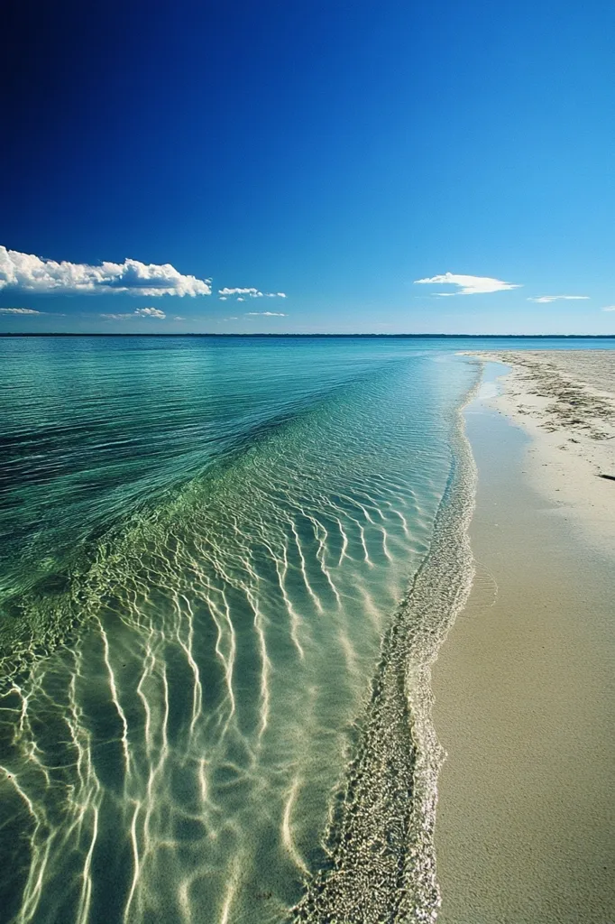 The image shows a beautiful beach with crystal clear water. The water is a beautiful turquoise color, and the sand is white and powdery. The sky is a bright blue, and there are a few fluffy white clouds in the distance. The scene is serene and peaceful, and it would be the perfect place to relax and enjoy the beauty of nature.