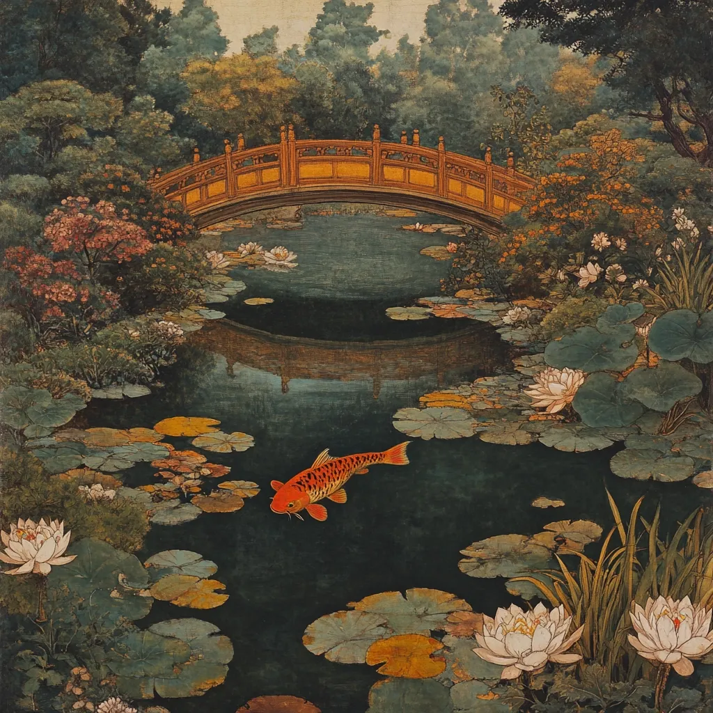 A wooden bridge arches over a serene pond, its reflection mirrored in the still water. Lush greenery surrounds the pond, adorned with delicate white flowers. A lone orange koi fish swims gracefully through the water lilies, adding a touch of vibrant life to the tranquil scene.  The painting evokes a sense of peace and tranquility, highlighting the beauty of nature in its simplicity.
