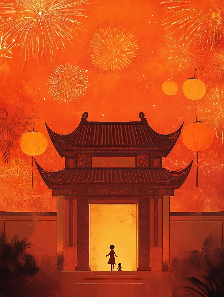The image depicts a traditional Chinese temple with a red roof and an open doorway, framed by a fiery orange sky.  The sky is filled with fireworks, while red lanterns hang in the air. A woman and a child stand silhouetted in the doorway, their figures barely visible against the bright light. The scene evokes a sense of celebration and tradition.