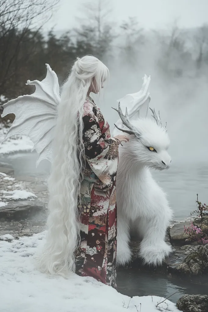A woman with long white hair, wearing a traditional Japanese kimono, stands beside a white, furry creature with large antlers and golden eyes. The creature resembles a dragon or a mythical beast. The scene is set in a wintery landscape with snow and fog, creating an ethereal and magical atmosphere. The woman gently touches the creature's head, and the soft light enhances the sense of wonder and enchantment.
