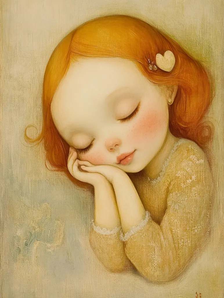 The painting depicts a young girl with long, auburn hair, lying on her side with her head resting on her hands. She is asleep, her eyes closed and her mouth slightly open. Her skin is fair and her cheeks are rosy. She is wearing a cream-colored dress with delicate lace trim. The background is a soft, muted beige. The painting is characterized by its soft, muted colors and its delicate details. The girl's expression is peaceful and serene, conveying a sense of innocence and tranquility.