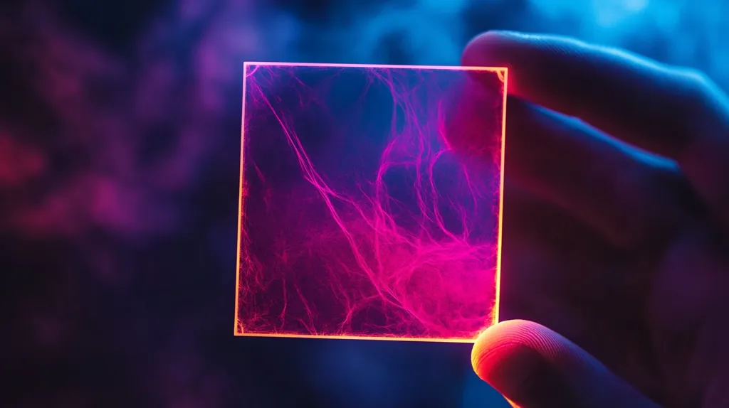 A hand holds a square piece of glass illuminated by a neon pink and blue light. The light shines through the glass creating a web-like pattern within. The hand is blurred, highlighting the glass and the light. The background is a blur of pink and blue, creating an ethereal ambiance.