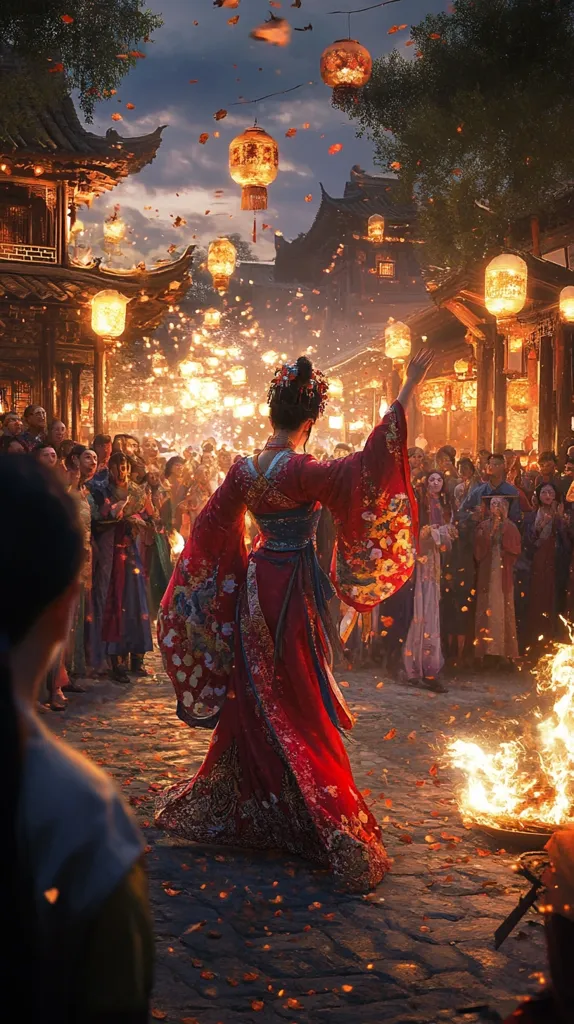 A woman in a vibrant red and gold kimono dances in a crowded street lined with traditional buildings.  She is surrounded by people watching and the air is filled with falling petals and the warm glow of lanterns. The scene is lit by a bonfire in the foreground and the warm light of the setting sun.  The image conveys a sense of celebration and wonder.
