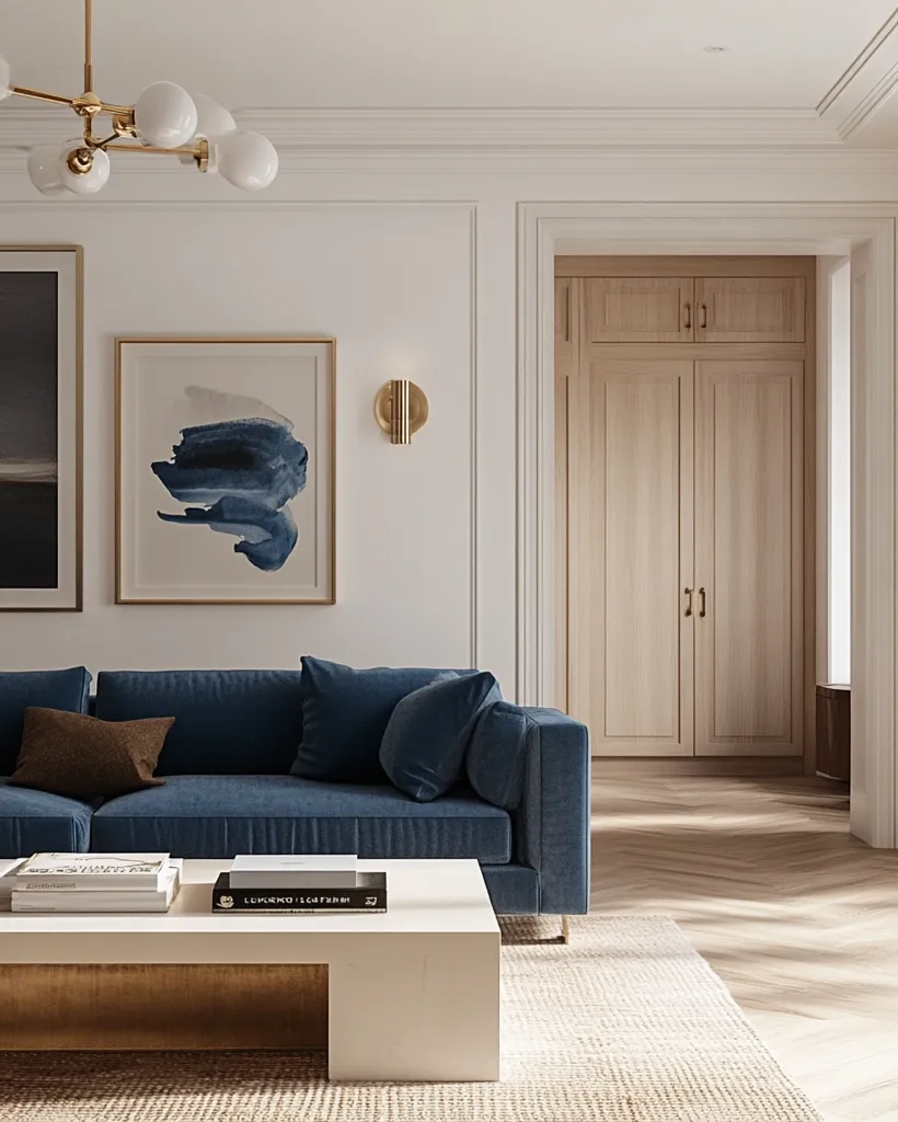 A modern living room with a blue velvet sofa, a white and gold coffee table, and a large rectangular abstract painting hanging on the wall. The room has white walls and a ceiling with a gold chandelier. A doorway leads to a room with wooden cabinets and a herringbone patterned floor. The overall style is elegant and minimalist.