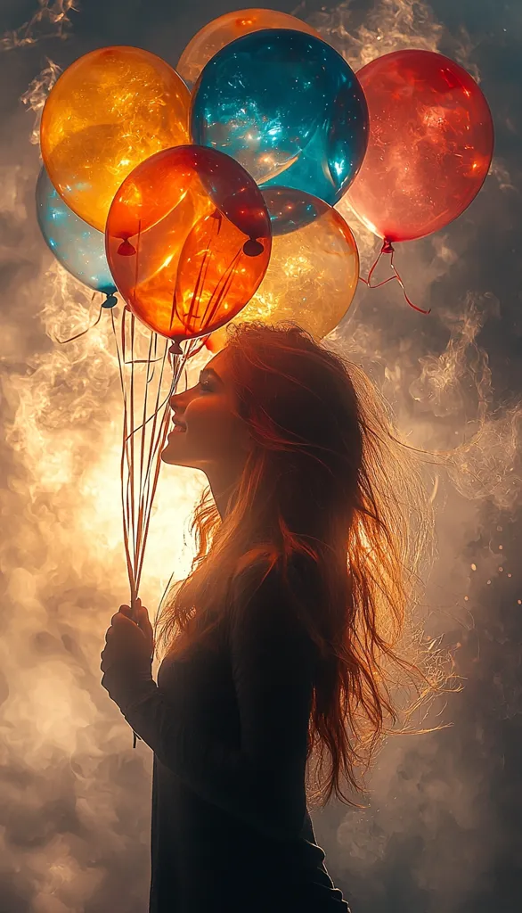 A young woman with long flowing hair stands in front of a hazy, golden sky, holding onto the strings of a bunch of colorful balloons. The balloons are partially obscured by the woman's silhouette, creating a sense of whimsy and mystery. The scene evokes a sense of hope, freedom, and the joy of childhood.
