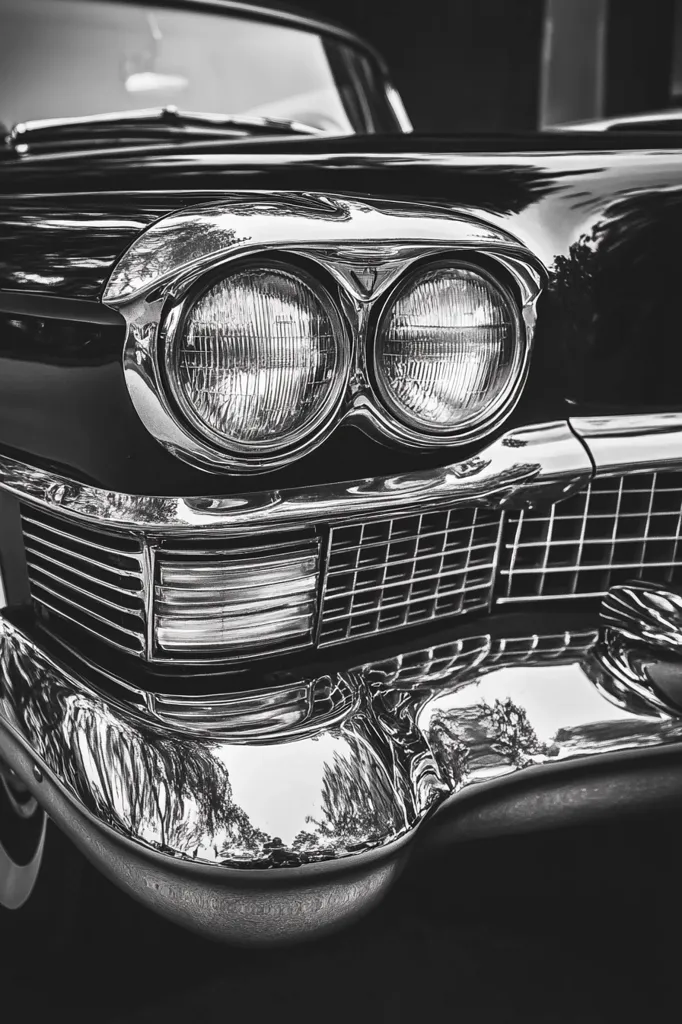 A black and white close-up shot of a vintage car's front end, highlighting the chrome bumper, dual headlights, and intricate grille. The image captures the car's classic design and the timeless appeal of vintage automobiles. The smooth curves and reflective surfaces add a sense of elegance and sophistication.