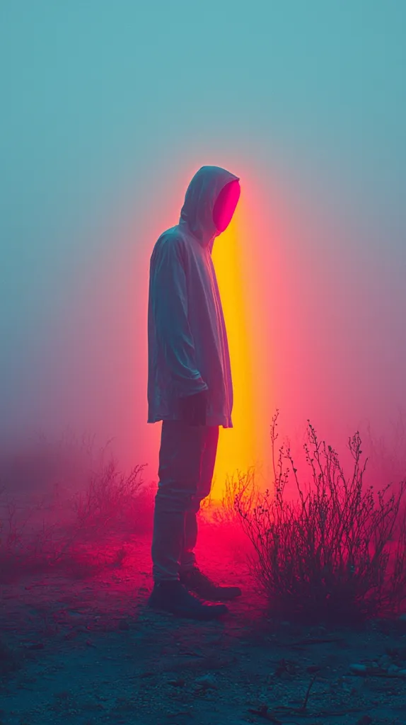 The image shows a person standing in a hazy, colorful landscape. The person is wearing a hooded jacket and is silhouetted against a vibrant pink and yellow glow. The light casts long shadows, creating a dramatic and surreal atmosphere. The background is a misty blur, adding to the sense of mystery and isolation. The overall impression is one of a solitary figure in an otherworldly environment.