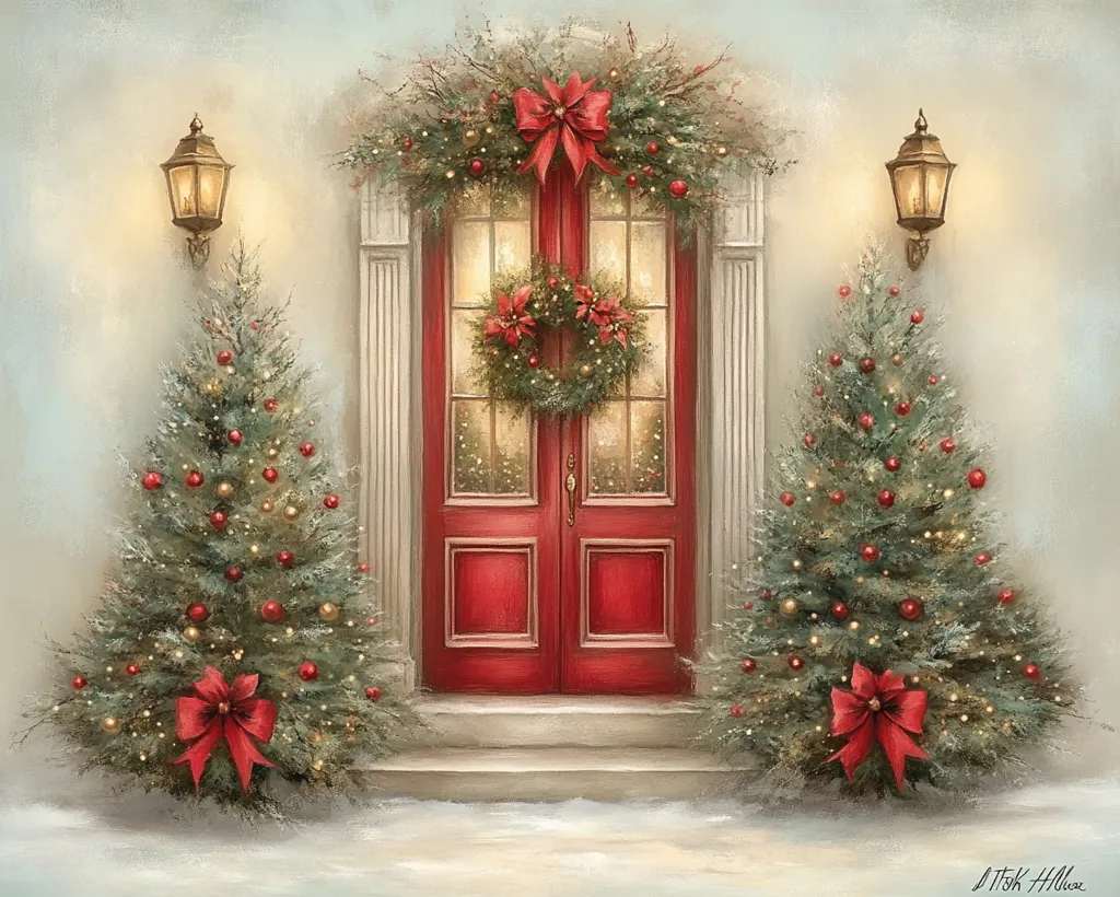 The image depicts a charming Christmas scene. Two decorated Christmas trees stand proudly on either side of a grand red door, adorned with a festive wreath and a red bow. The house is illuminated by two glowing lanterns, creating a warm and inviting atmosphere.  Snowflakes are falling gently, adding to the magical ambiance. The painting evokes a sense of holiday cheer and the warmth of the season.