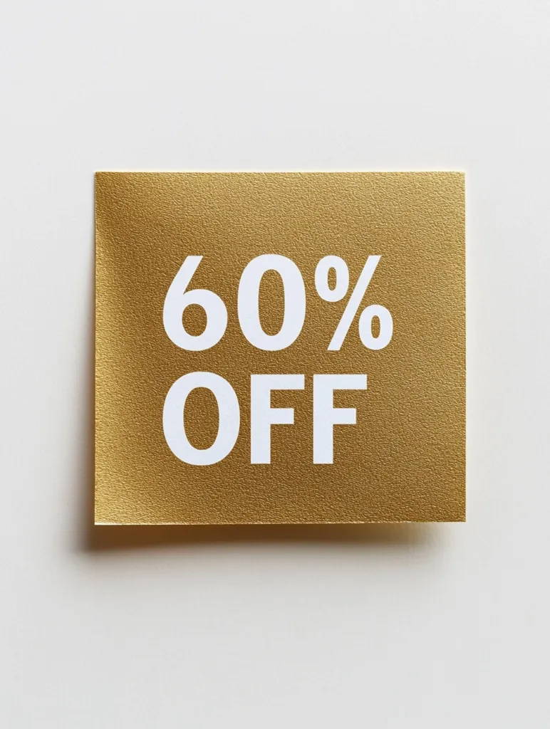 A gold square card with the words "60% OFF" printed in white bold font. The card is sitting on a white surface, creating a striking contrast. The image is simple yet effective, immediately conveying the message of a significant discount.