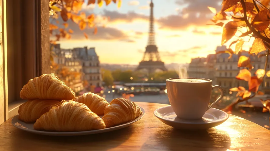 A warm cup of coffee sits on a wooden table with a plate of croissants in front of it. The background features a hazy sunset with the Eiffel Tower in the distance, and a view of Parisian buildings. Golden leaves add a touch of autumnal beauty.  The scene evokes a sense of cozy comfort and French charm.