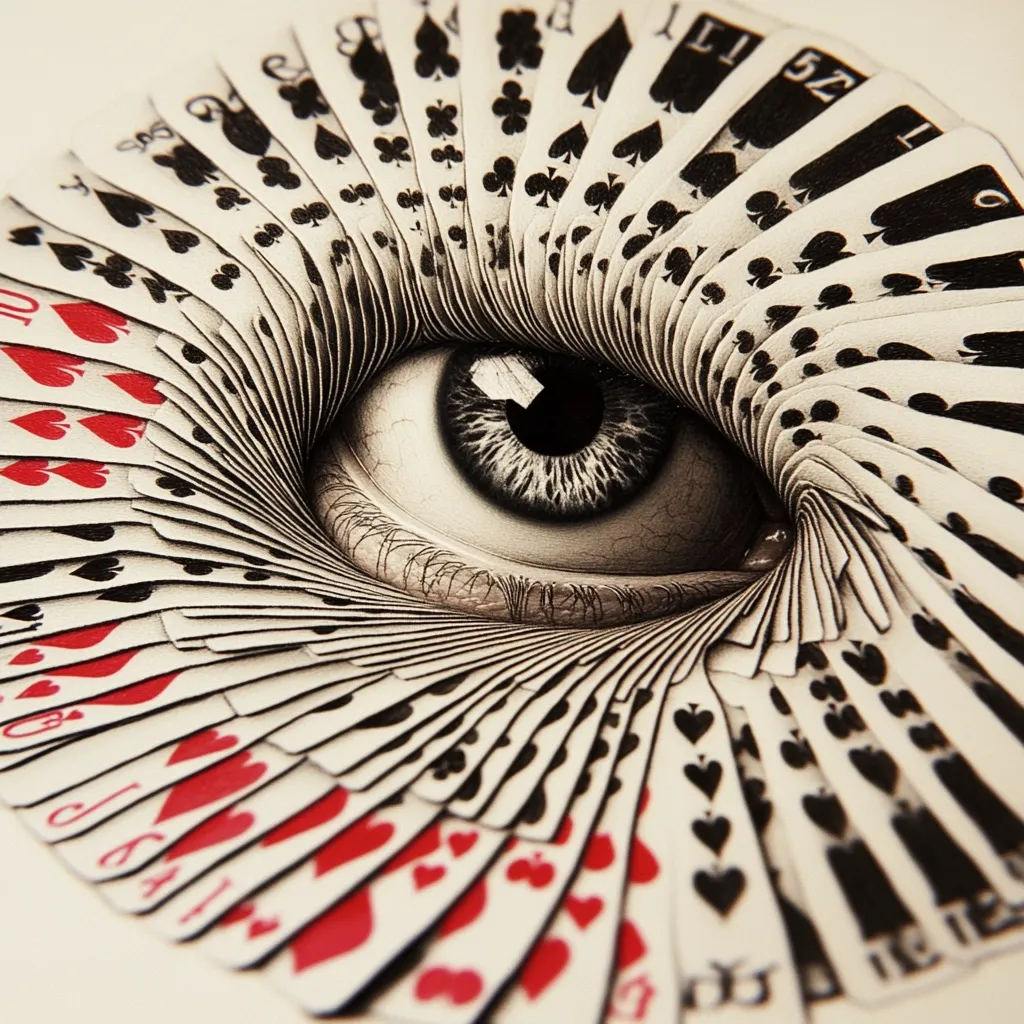 A detailed drawing of a human eye with playing cards forming a circular pattern around it. The cards are arranged in a radial fashion, creating a sense of depth and perspective. The eye is rendered in realistic detail, with subtle shading and highlights. The drawing creates a surreal and enigmatic composition, blurring the lines between reality and illusion.