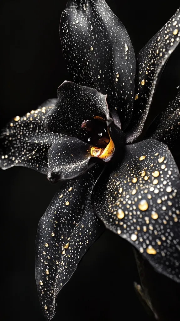 A black flower with a yellow center is covered in glistening water droplets, creating a striking contrast against the dark background. The delicate petals seem to be made of velvet, showcasing a luxurious and elegant beauty. The glistening water drops add a touch of sparkle, making the flower appear even more alluring.
